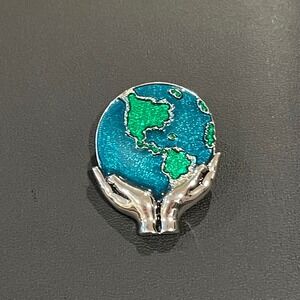 Damascena Enamel Earth Hands Pin Brooch Silver Tone Green Blue